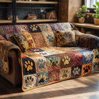 Heirloom Paws quilted sofa cover with a scrap patchwork of florals, plaids and batiks, each square carrying a paw print