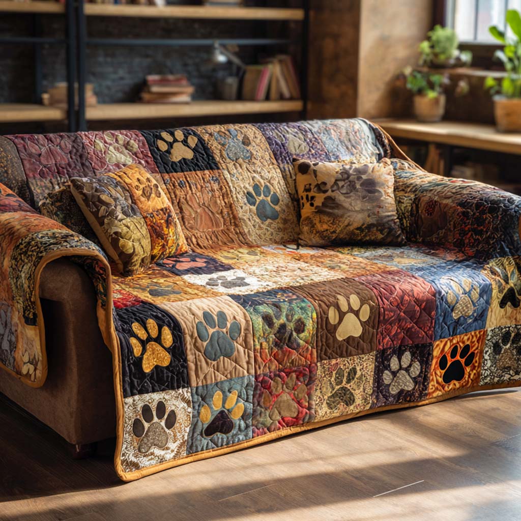 Heirloom Paws quilted sofa cover with a scrap patchwork of florals, plaids and batiks, each square carrying a paw print