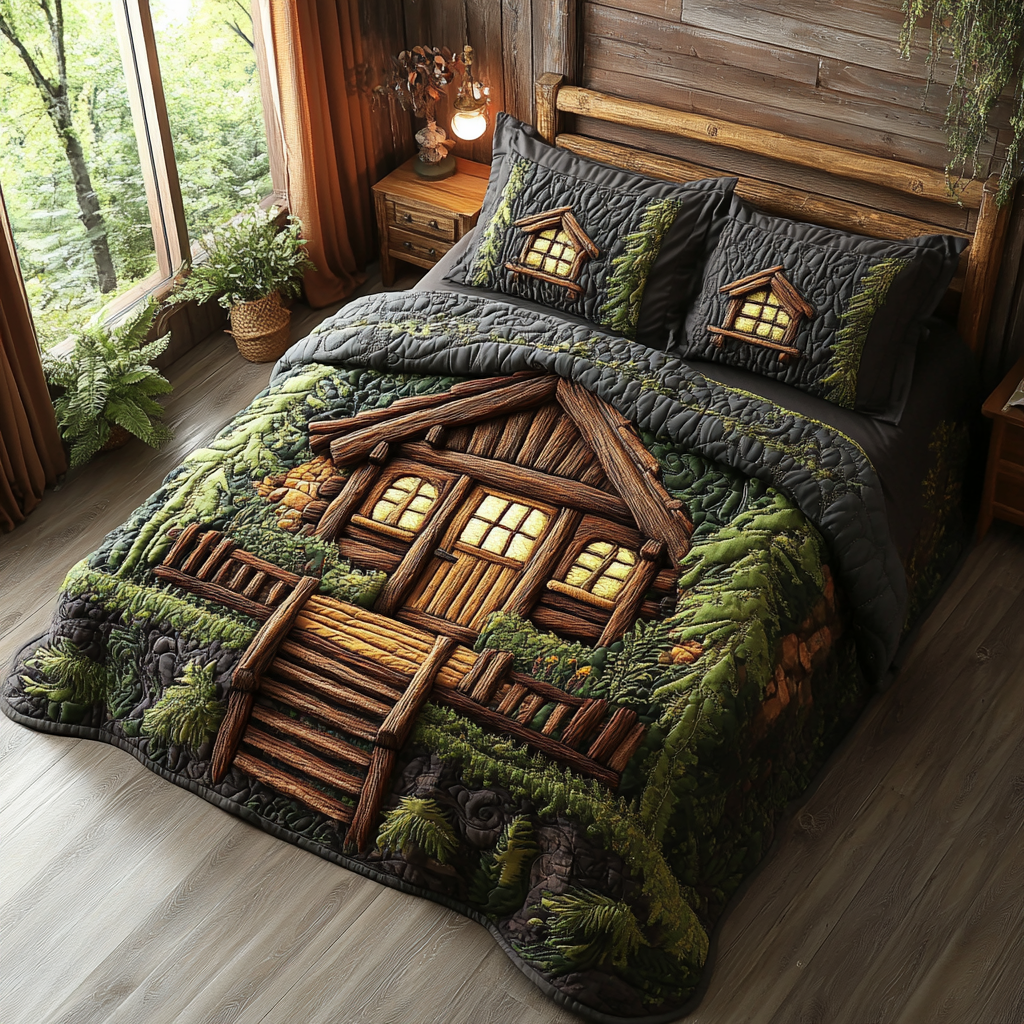 Hillside Cabin quilted bedspread set – log cabin with porch on a green hillside