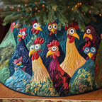 Rustic Roosters quilted Christmas tree skirt – colourful roosters on deep blue