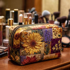 Quilted make-up bag with the Rustic Sunflower design of weathered, countrified sunflowers in ochre and deep green on a warm neutral ground