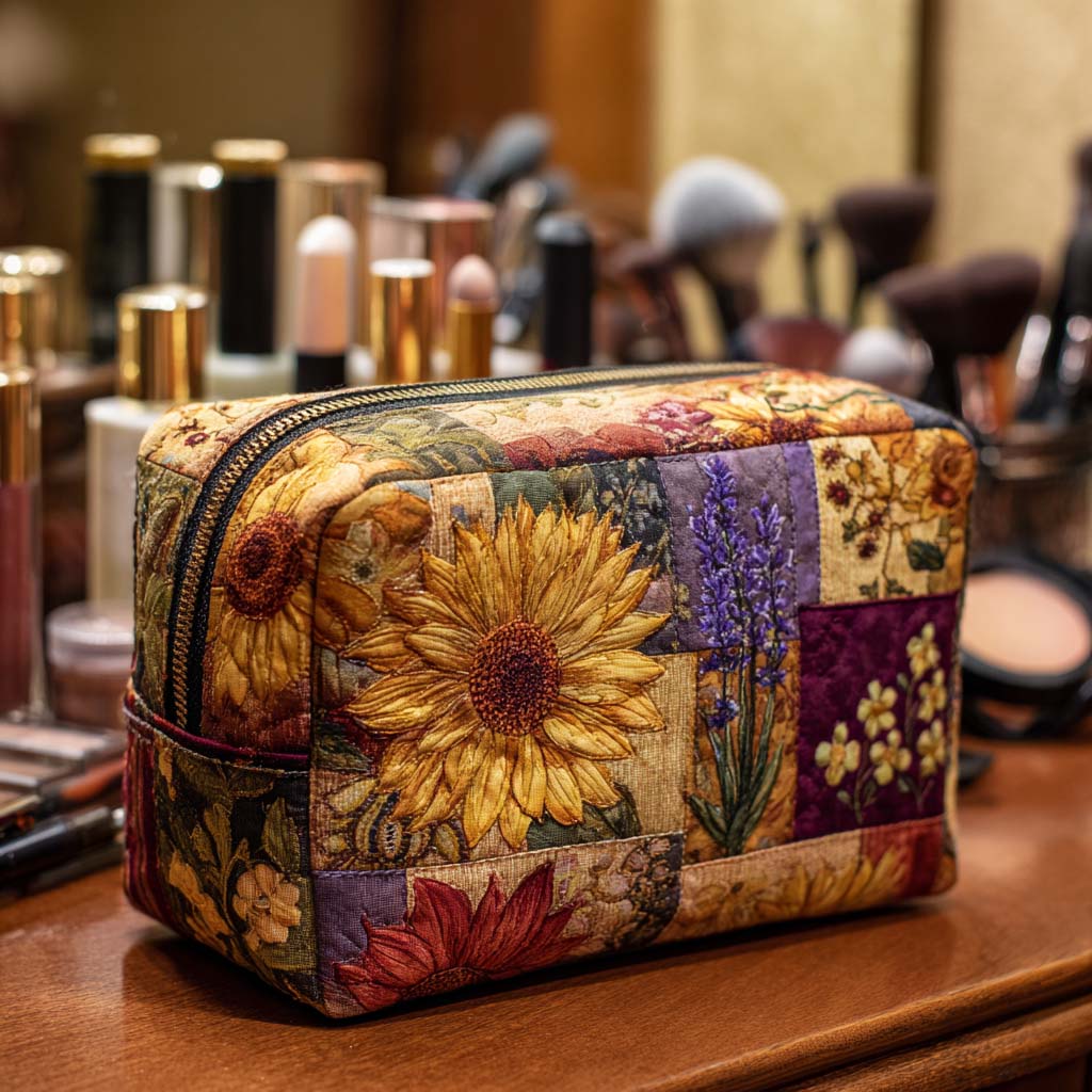 Quilted make-up bag with the Rustic Sunflower design of weathered, countrified sunflowers in ochre and deep green on a warm neutral ground