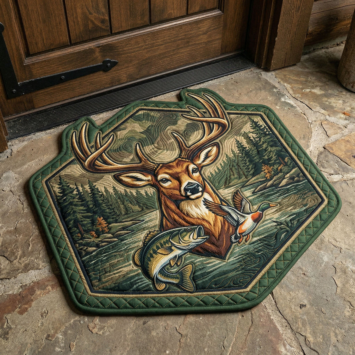Rustic Wildlife Stag shaped doormat – stag and fish
