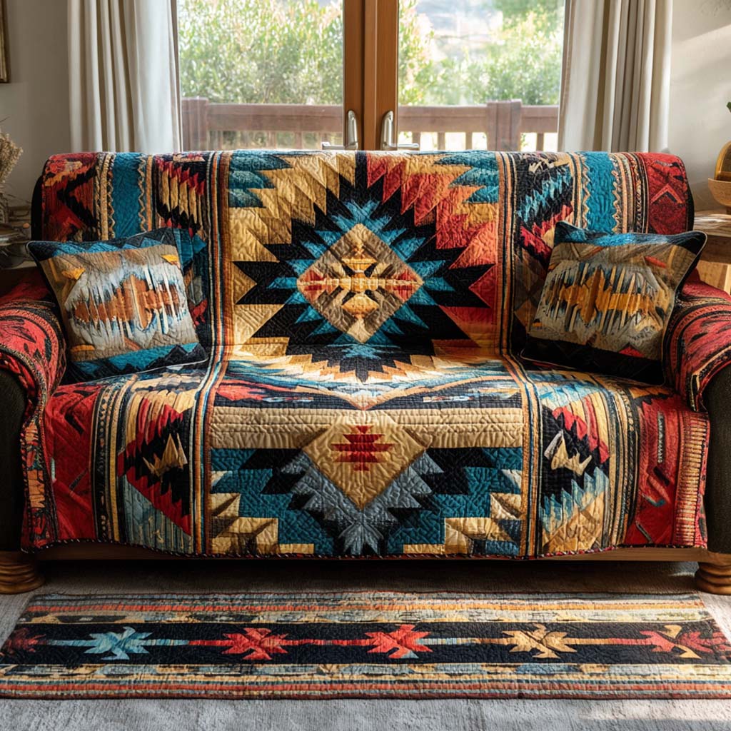 Bright Kilim Star quilted sofa cover – geometric star in bold colours