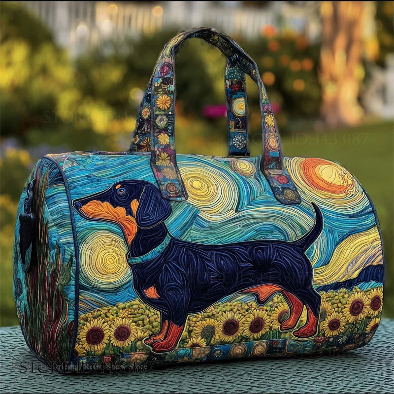 Harriet soft quilted travel bag with a dachshund design in the wave-stitch pattern