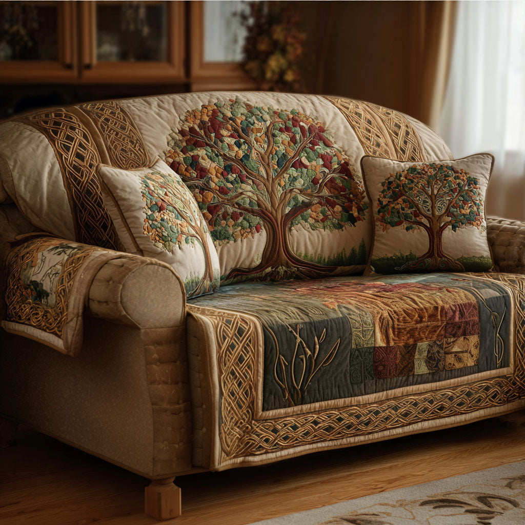 Blossom Tree Panels quilted sofa cover – tree with red leaves on cream