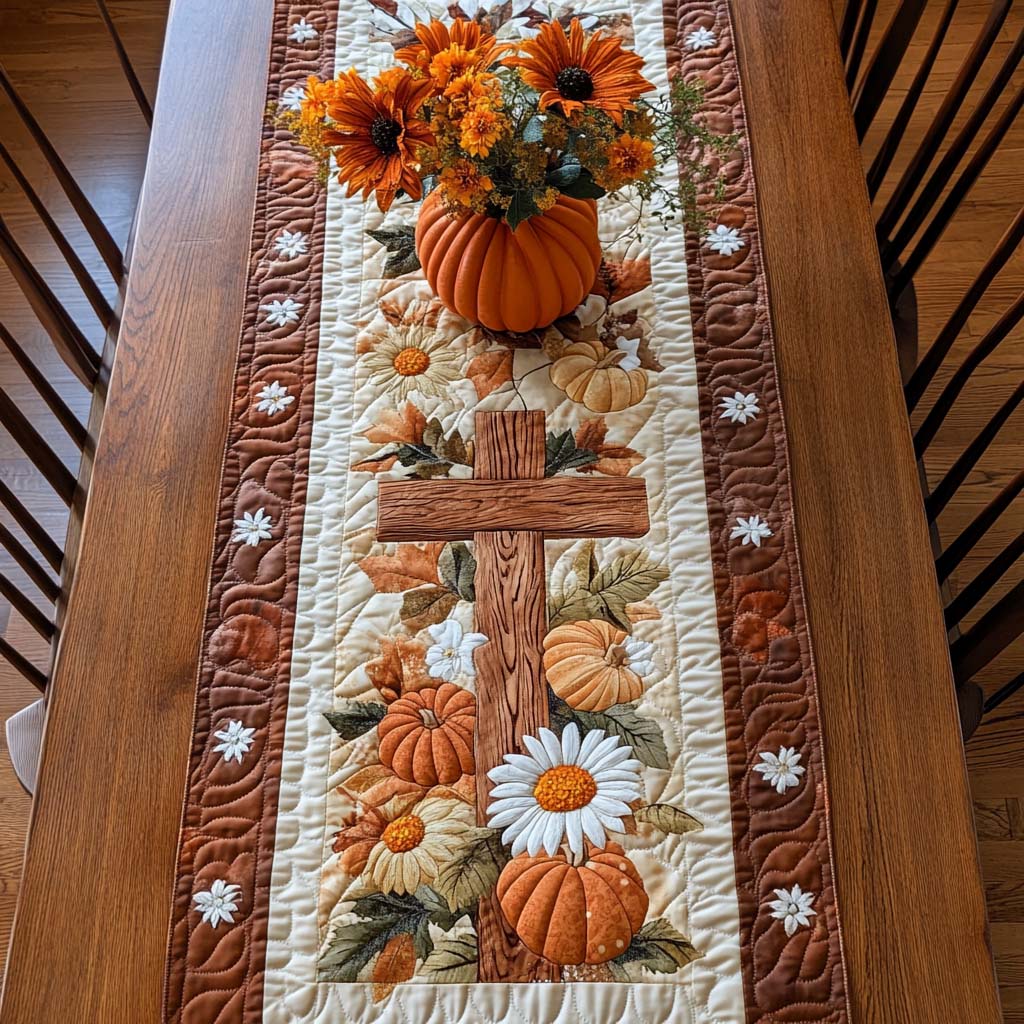 Quilted table runner with an Autumn Harvest design of pumpkins, gourds, wheat sheaves and turning leaves in rust, gold and deep green