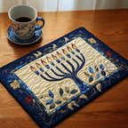 Sacred Glow quilted placemats – blue menorah