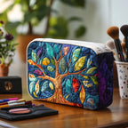 Sacred Growth quilted make-up bag with jewel-toned tree of life in teal, blue and gold
