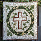 Leaf Wreath Cross art quilt – cross in a leaf wreath