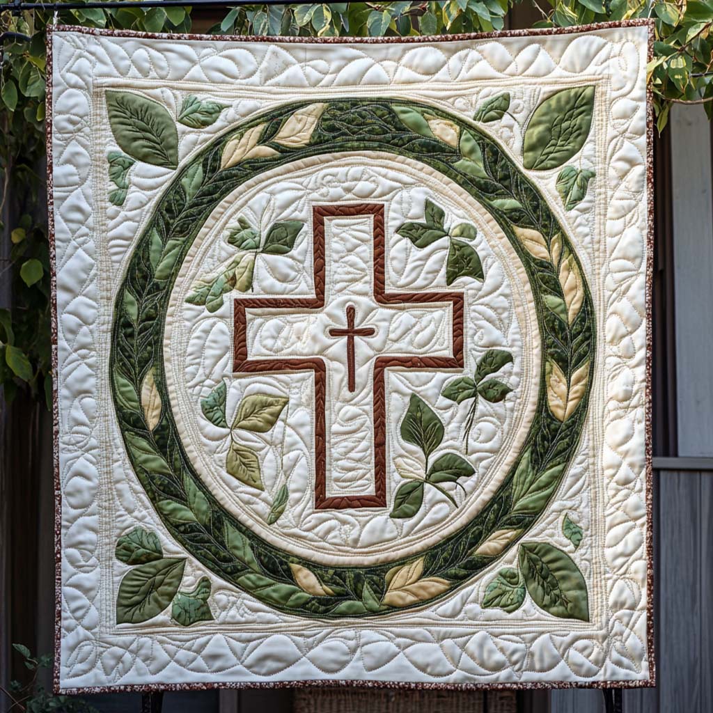 Leaf Wreath Cross art quilt – cross in a leaf wreath