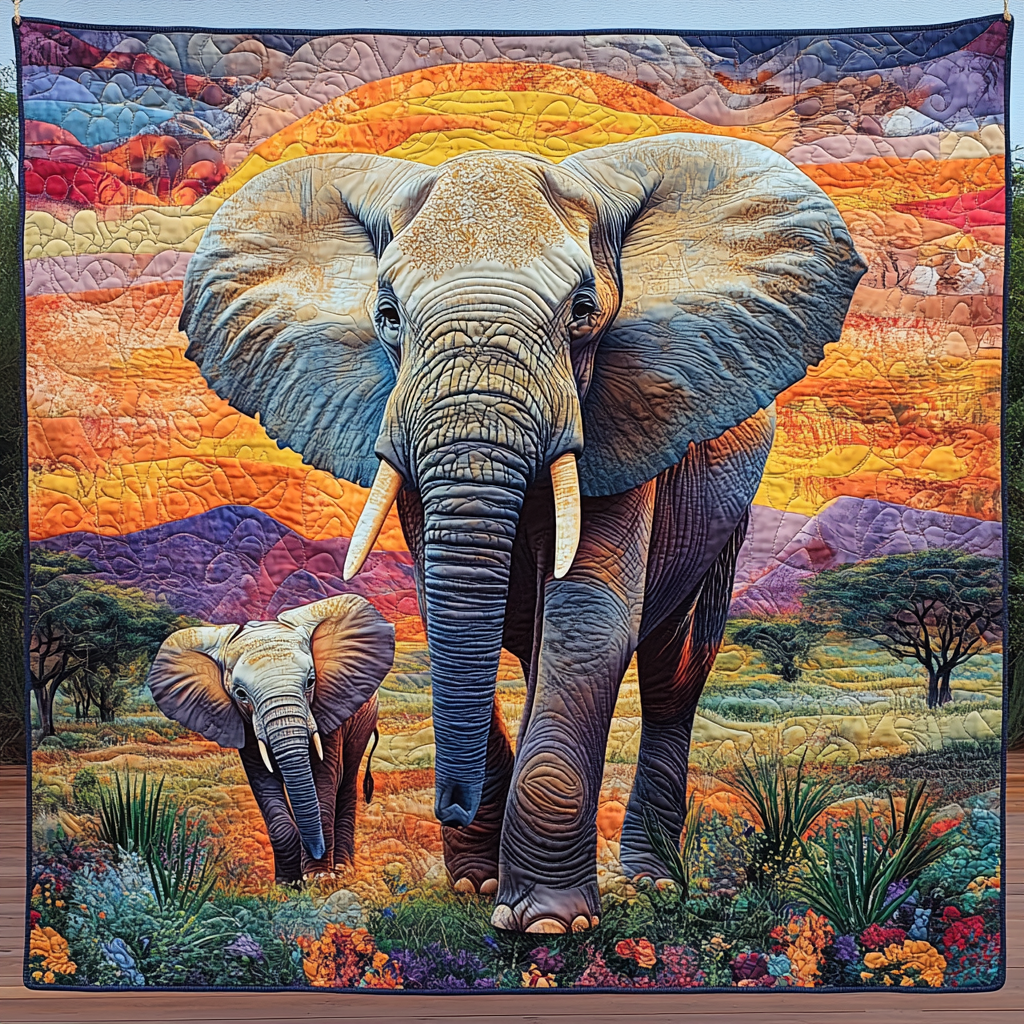 Elephant and Calf quilted throw – elephant and calf on the savannah