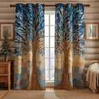 Twilight Tree quilted curtains – tree with blue and gold leaves