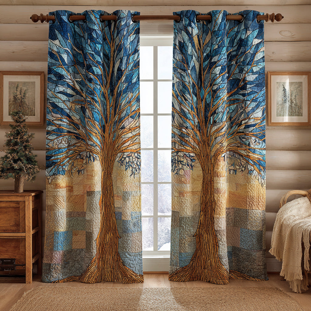 Twilight Tree quilted curtains – tree with blue and gold leaves