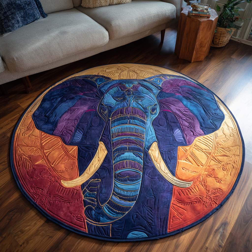 Sacred Elephant round rug – purple elephant