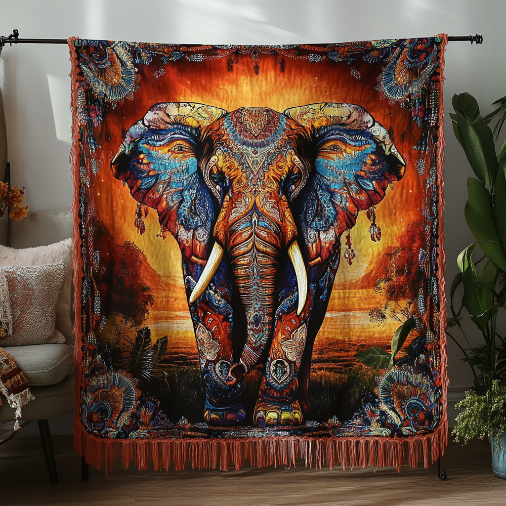 Painted Elephant Sunset woven sofa throw – painted elephant at sunset