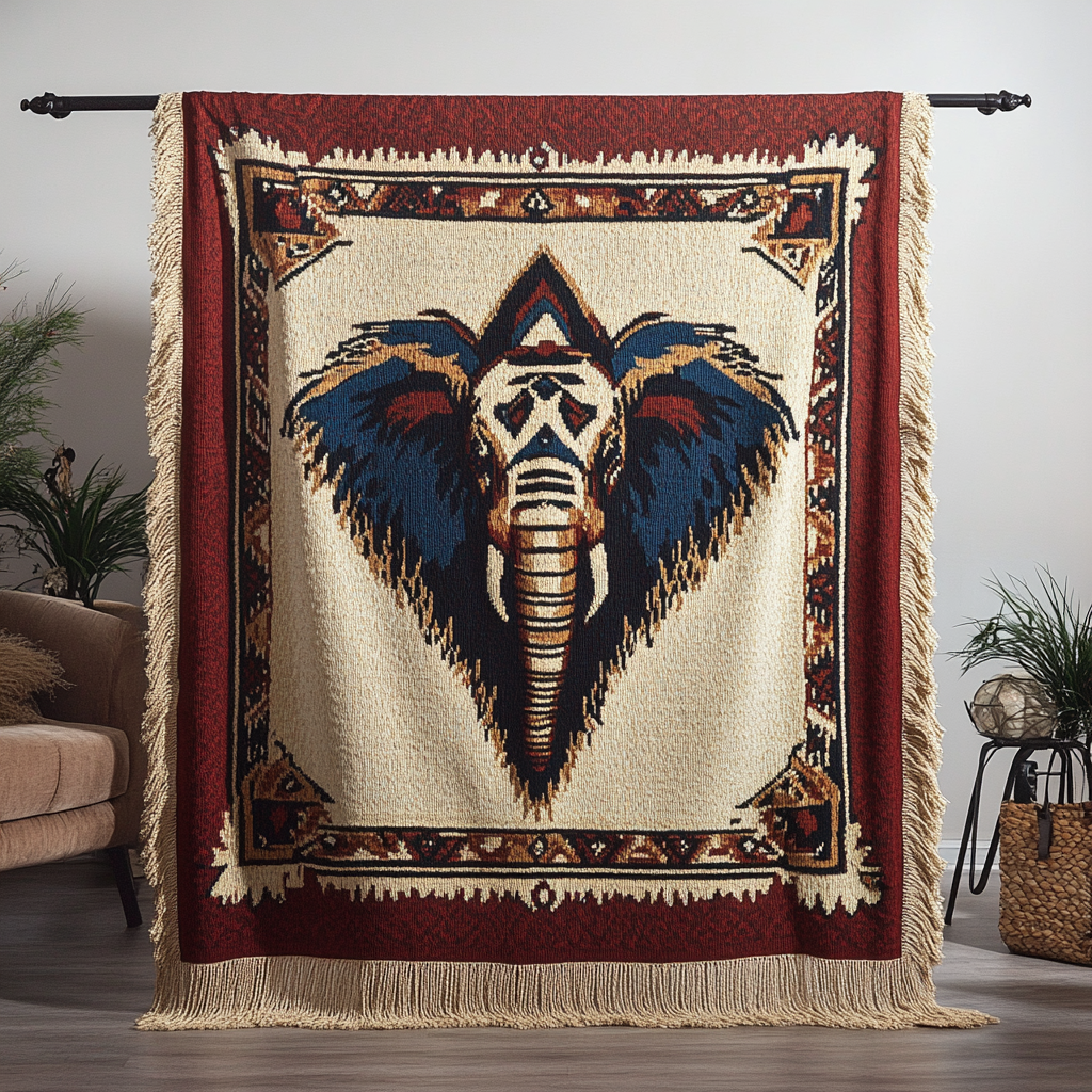 Elephant Medallion woven sofa throw – navy elephant on cream