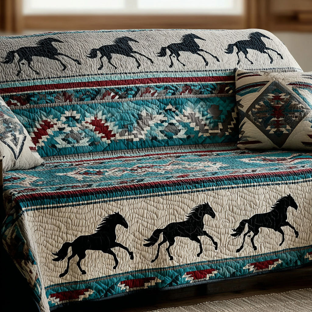 Galloping Horse Bands quilted sofa cover – horses galloping between bands