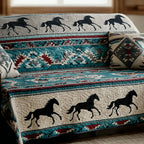 Galloping Horse Bands quilted sofa cover – horses galloping between bands