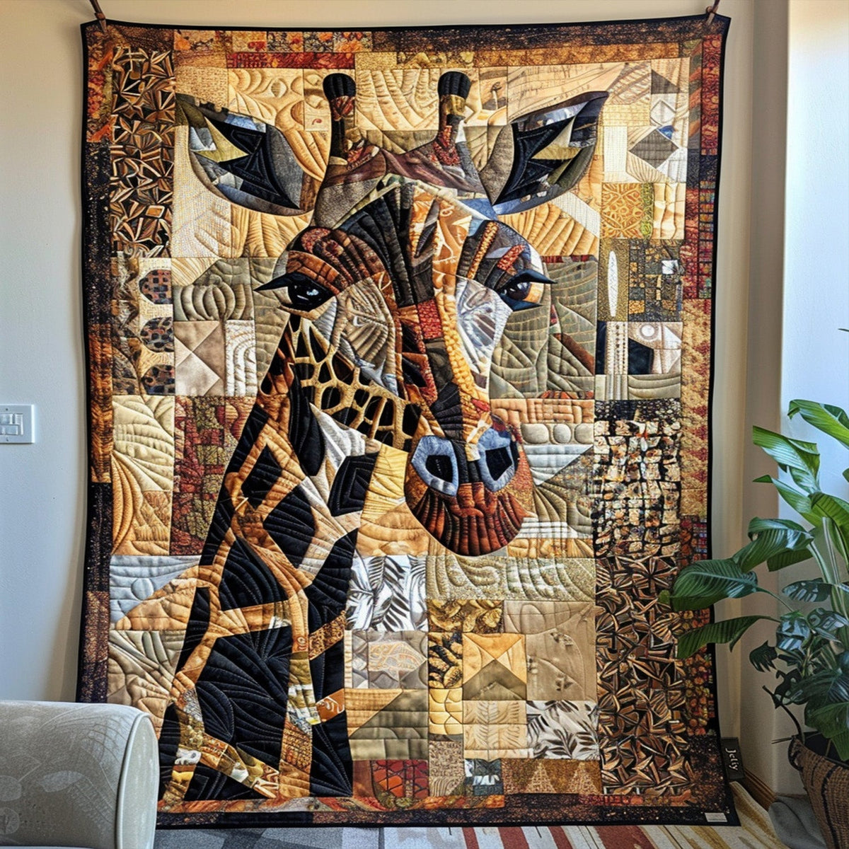 Patchwork Giraffe Portrait quilted throw – giraffe head in brown and cream patchwork