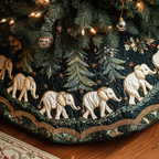 White Elephants in the Forest quilted Christmas tree skirt – white elephants among fir trees with a gold edge
