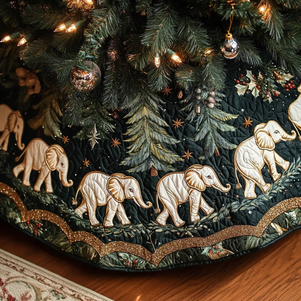 White Elephants in the Forest quilted Christmas tree skirt – white elephants among fir trees with a gold edge