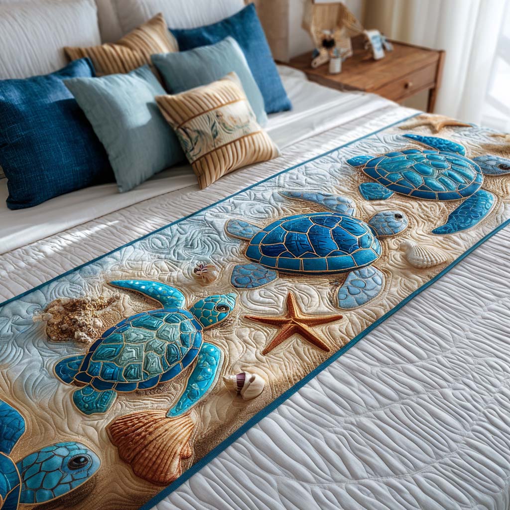 Blue Turtles and Shells quilted bed runner – blue sea turtles among shells