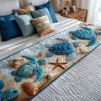 Blue Turtles and Shells quilted bed runner – blue sea turtles among shells