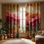 Saguaro Sun Canyon quilted curtains – saguaros before layered hills