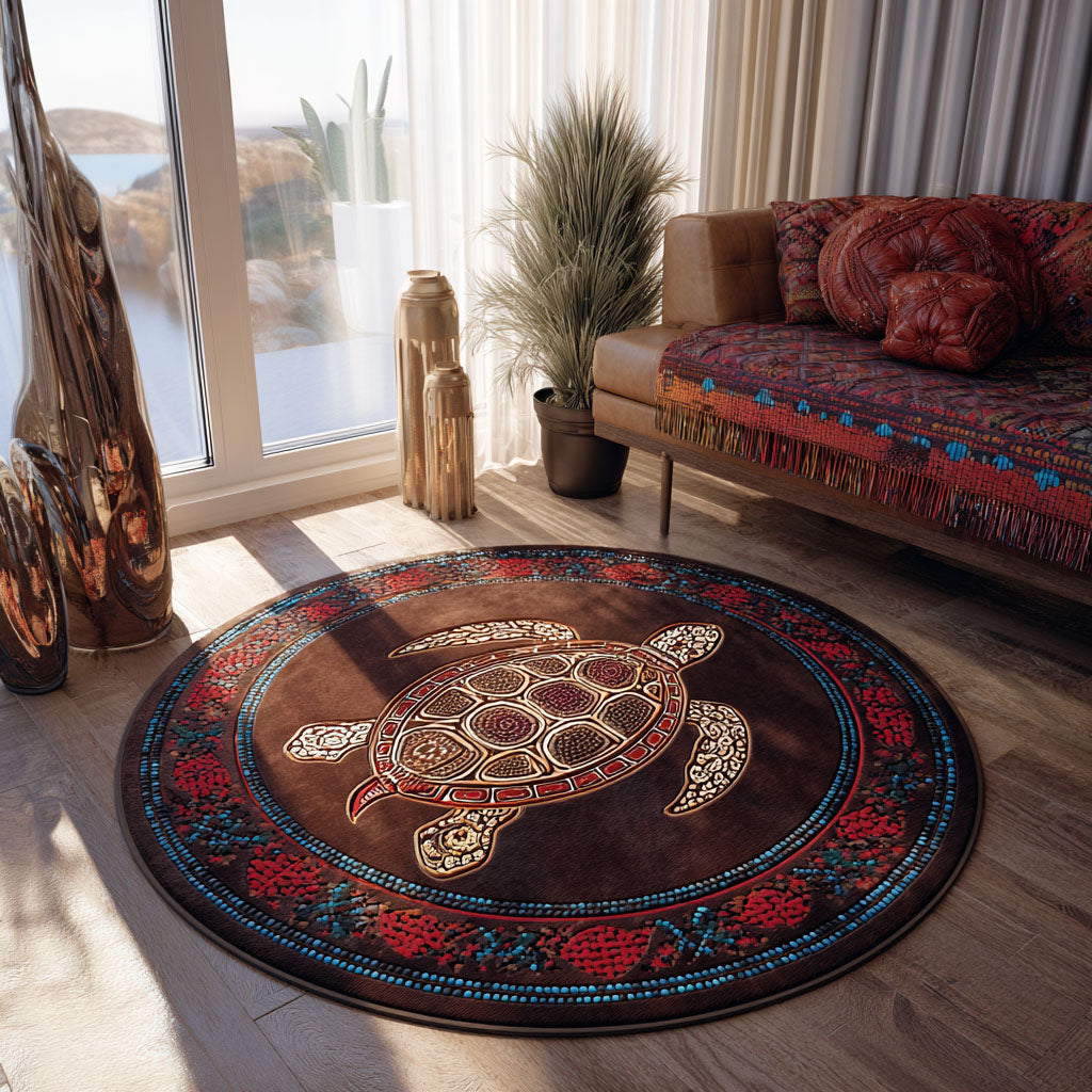 Sandstone Spirit round rug – turtle medallion with flowers