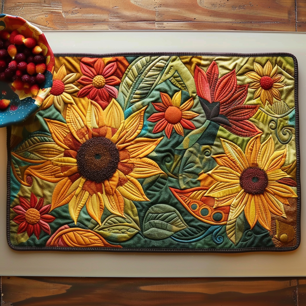 Sunburst Sunflowers quilted placemats – sunflowers and red blooms