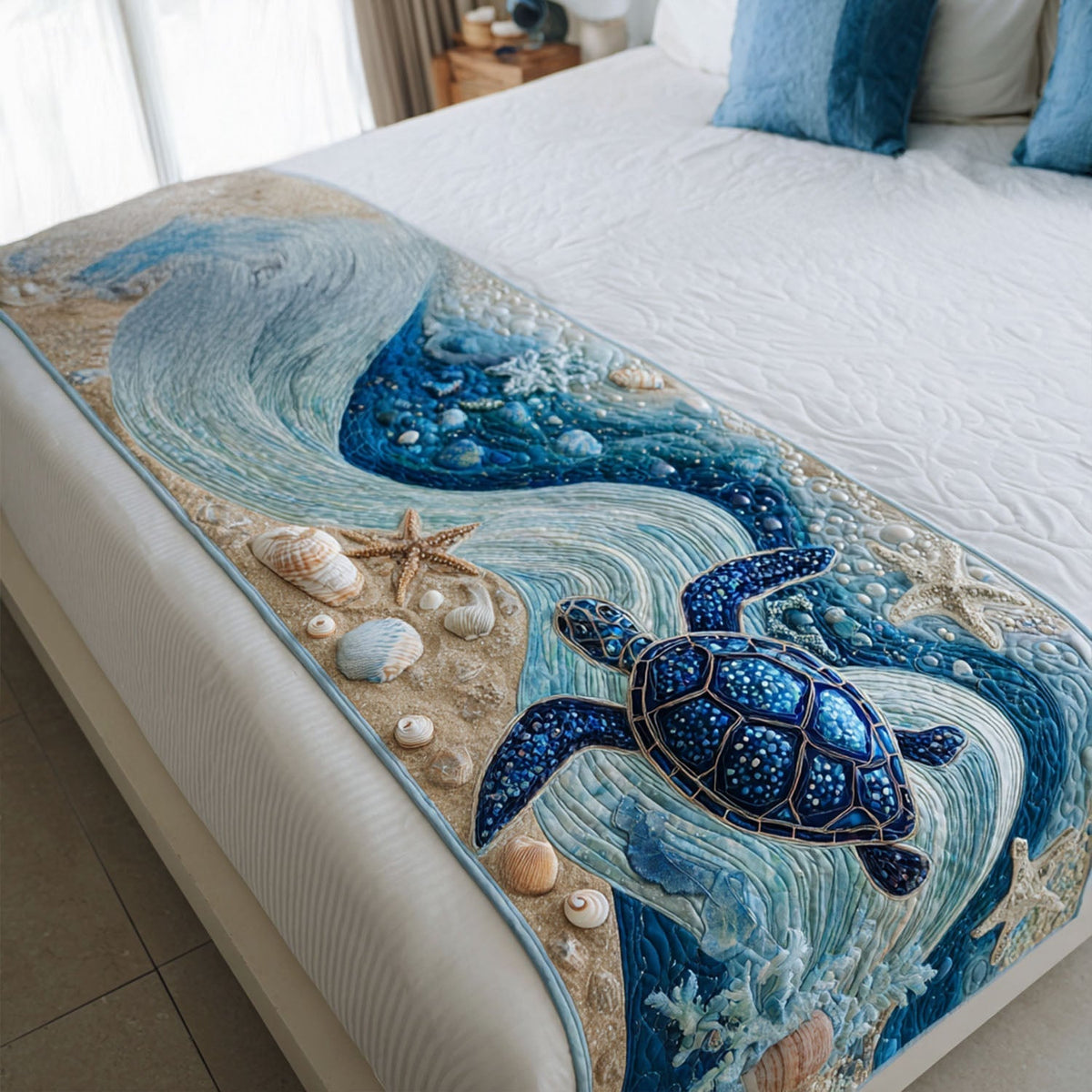 Turtle on the Shore quilted bed runner – blue sea turtle by a sandy shore