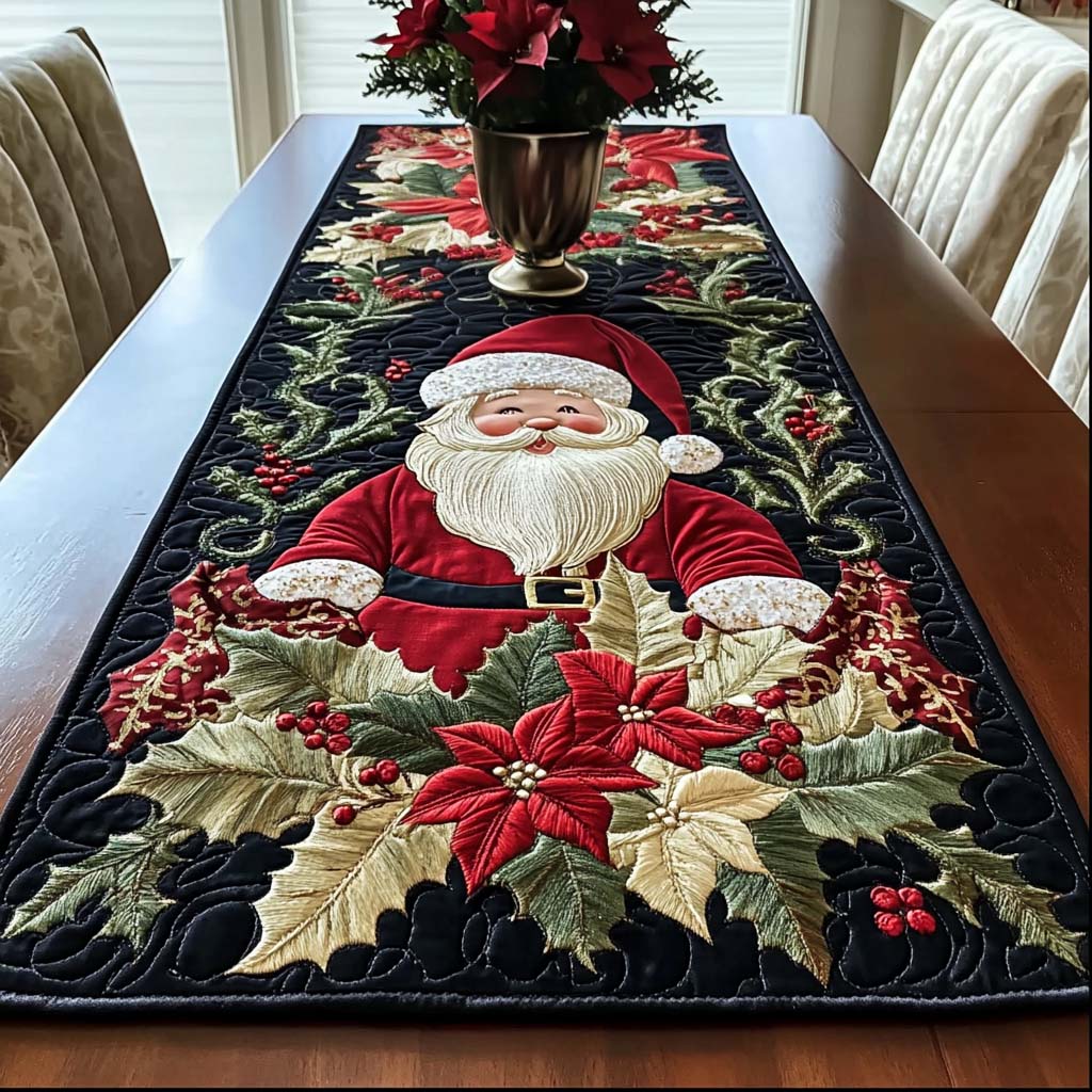 Santa Poinsettia Navy quilted table runner – santa among poinsettias