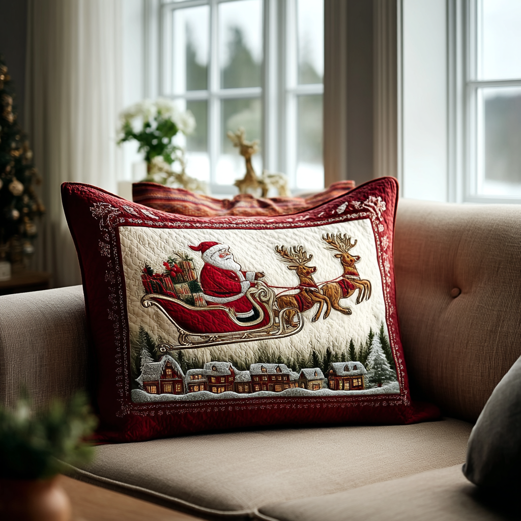 Santa's Sleigh Ride quilted pillowcase – santa's sleigh over a snowy village