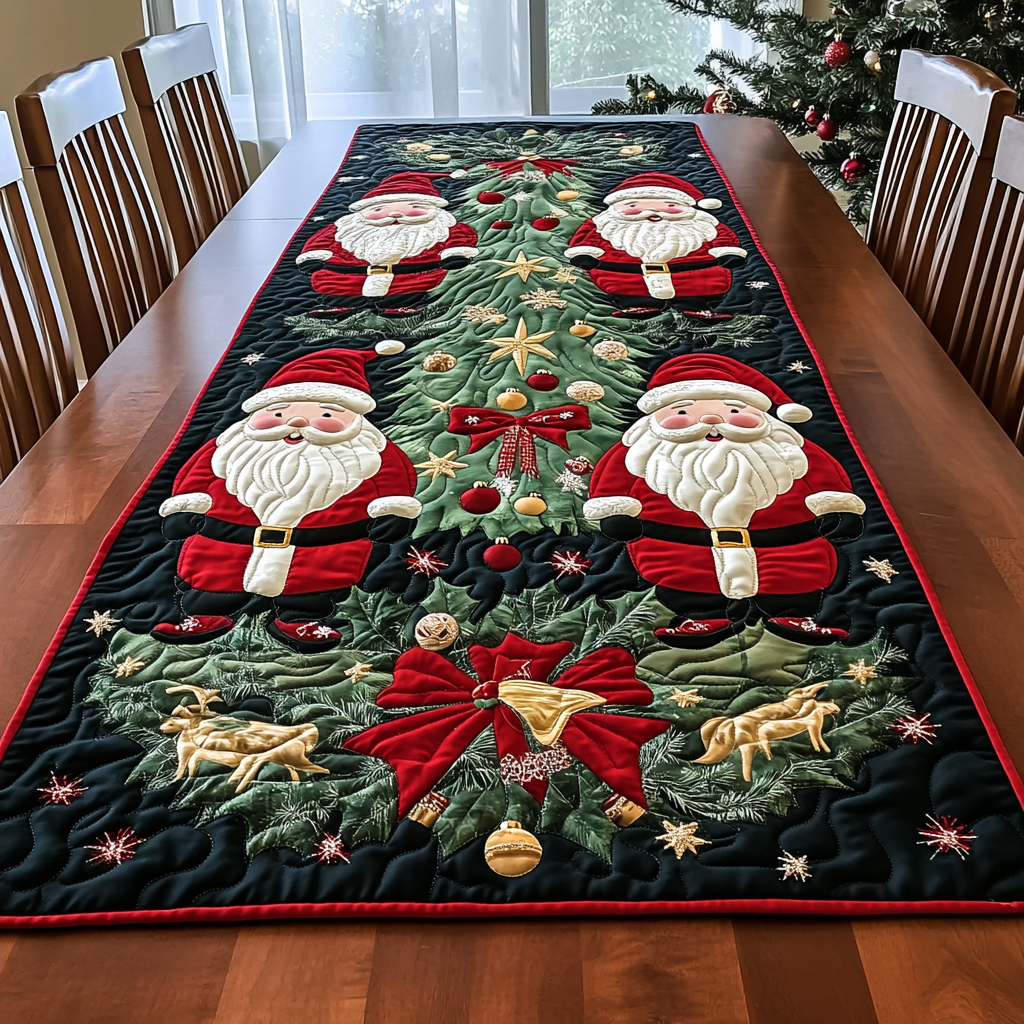 Santa Twins quilted table runner – santas and poinsettias on green