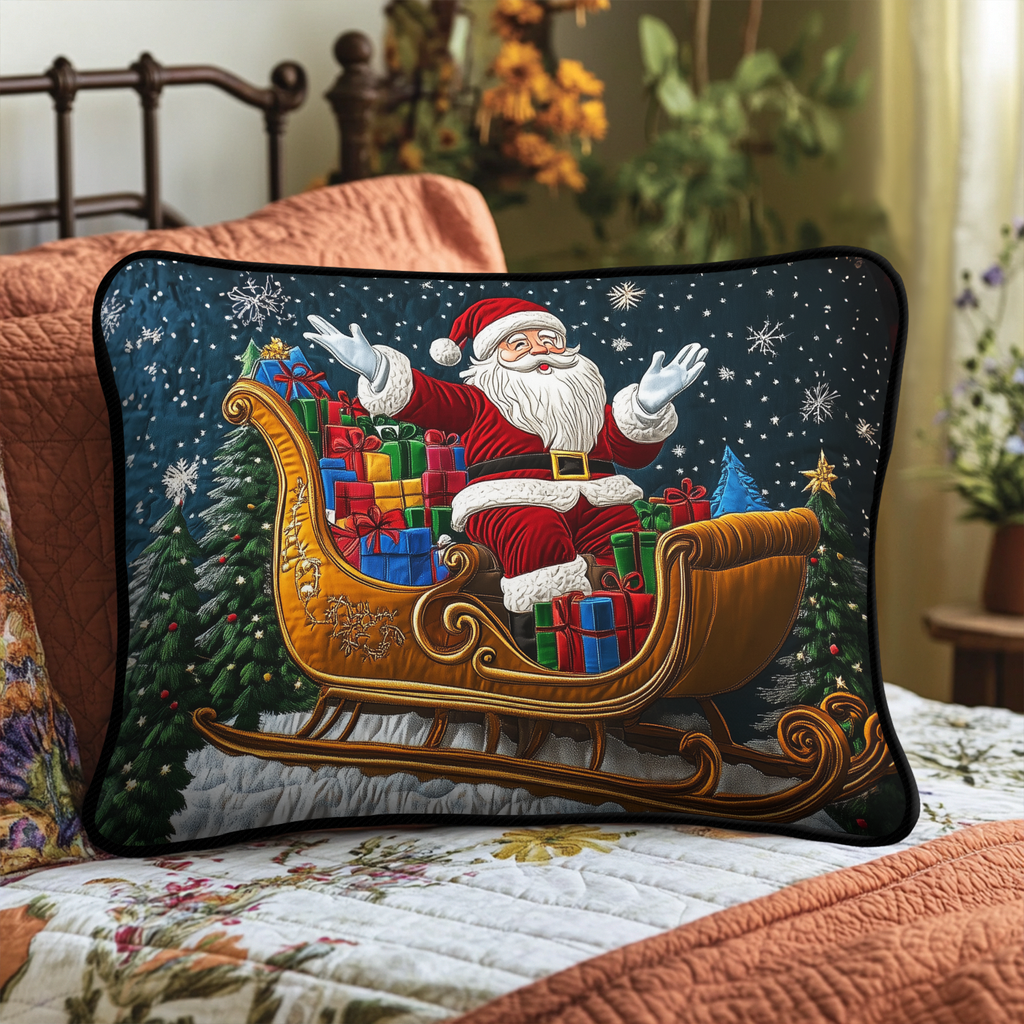 Santa and Golden Sleigh quilted pillowcase – santa in a golden sleigh full of presents