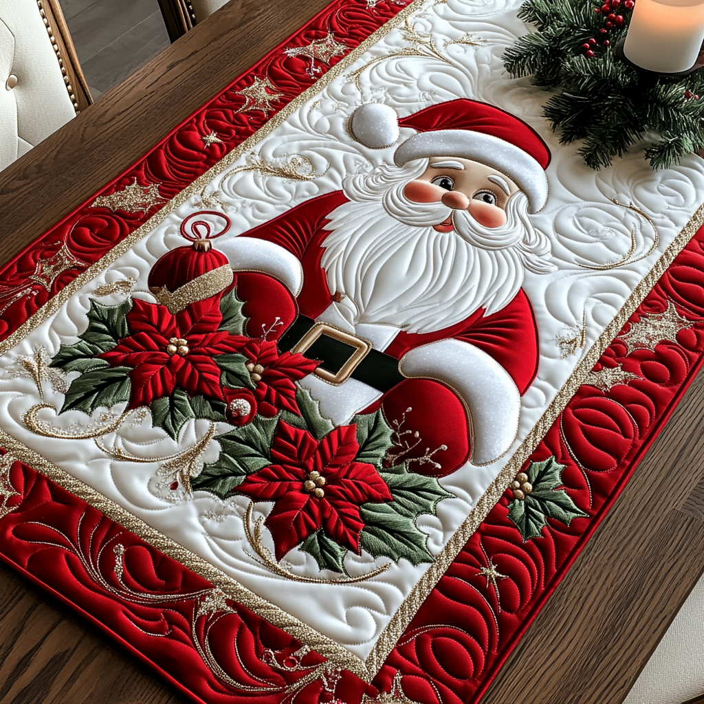 Santa Joy quilted table runner – santa with poinsettias on cream