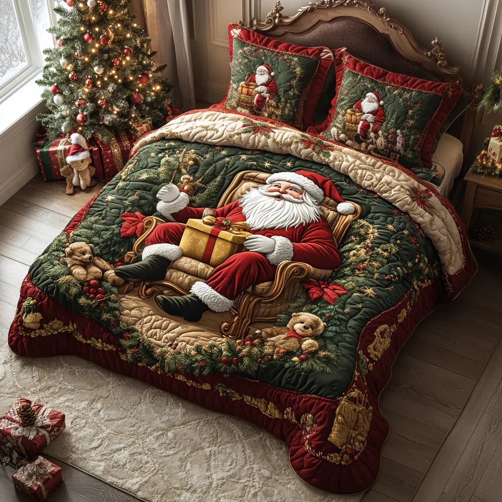 Quilted bedspread set with Father Christmas, sleigh and reindeer among snowy rooftops and holly, the Christmas Magic design