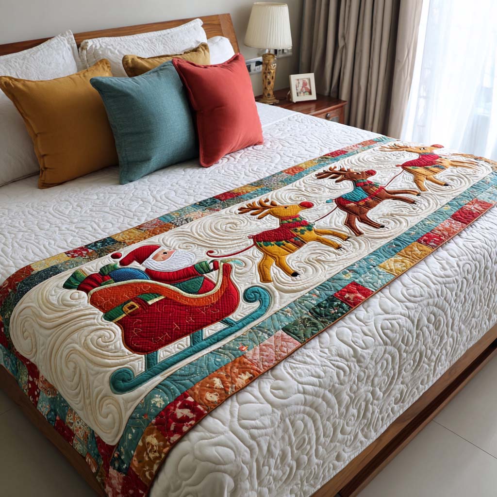 Santa's Sleigh and Reindeer quilted bed runner – santa's sleigh and reindeer on cream