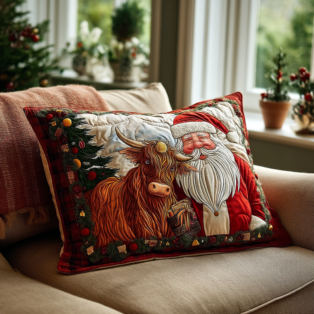 Santa and Highland Cow quilted pillowcase – santa cuddling a Highland cow