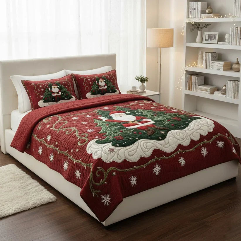 Close-up of the wave-stitch quilting on the Santa's Workshop bedspread