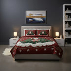 The Santa's Workshop quilted bedspread set laid out on a made bed