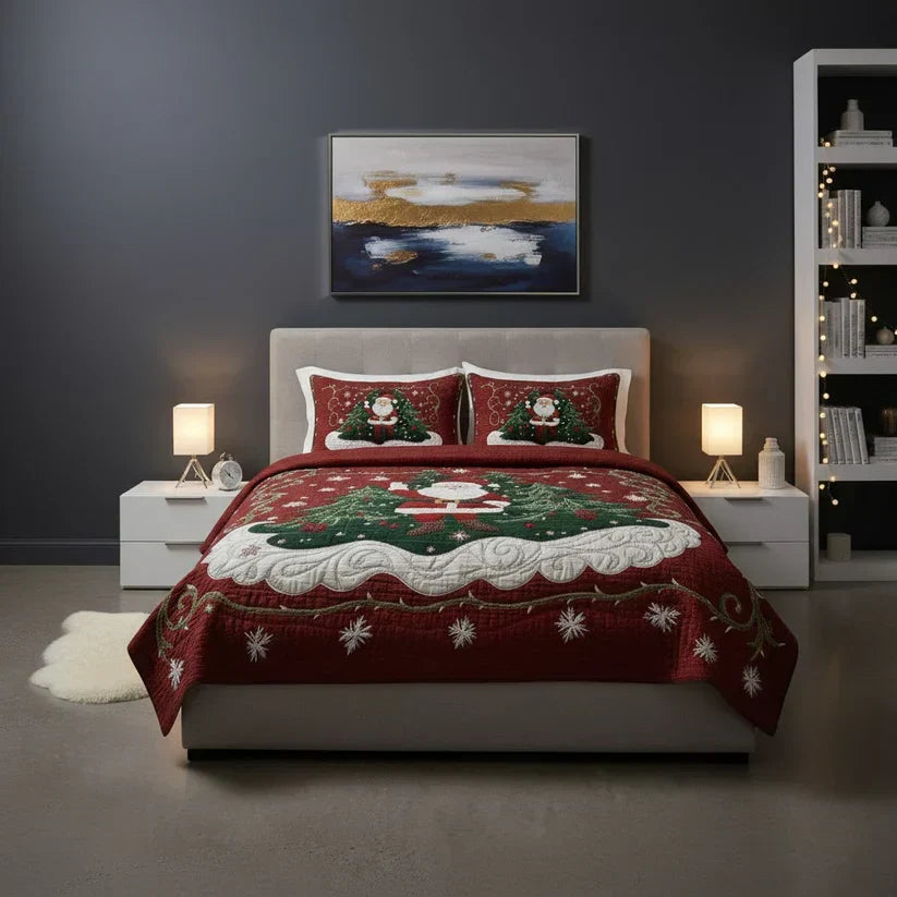 The Santa's Workshop quilted bedspread set laid out on a made bed