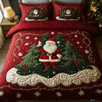 Quilted bedspread set with elves at their benches with wooden toys and parcels in the Santa's Workshop design