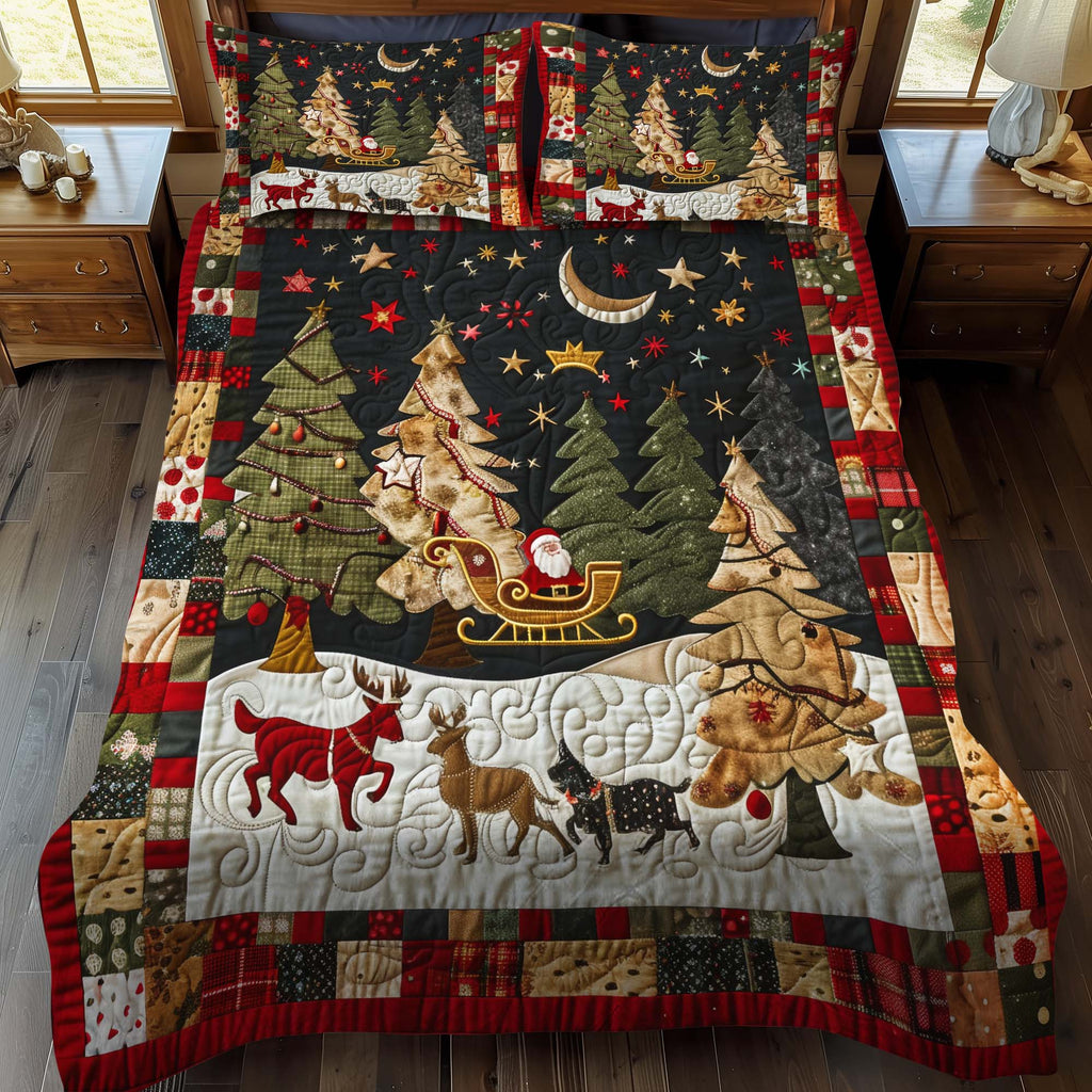 Santa's Night Ride quilted bedspread set – santa's sleigh at night with red patchwork