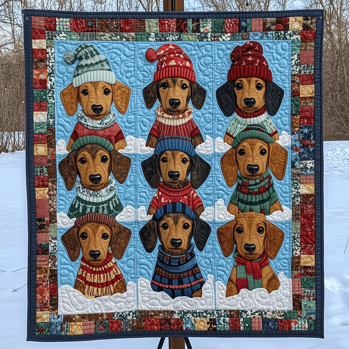 Dachshund Woolly Hats art quilt – dachshunds in woolly hats