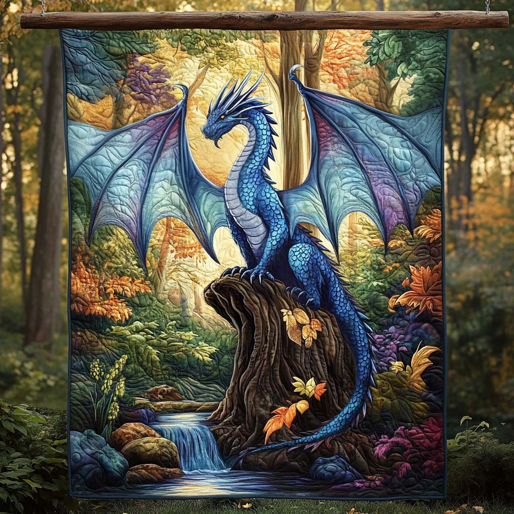 Forest Blue Dragon quilted throw – blue dragon on a tree stump by a stream