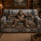 Sasquatch Siesta quilted sofa cover with a sasquatch sprawled across the seat against a blue-grey pine forest and mountains