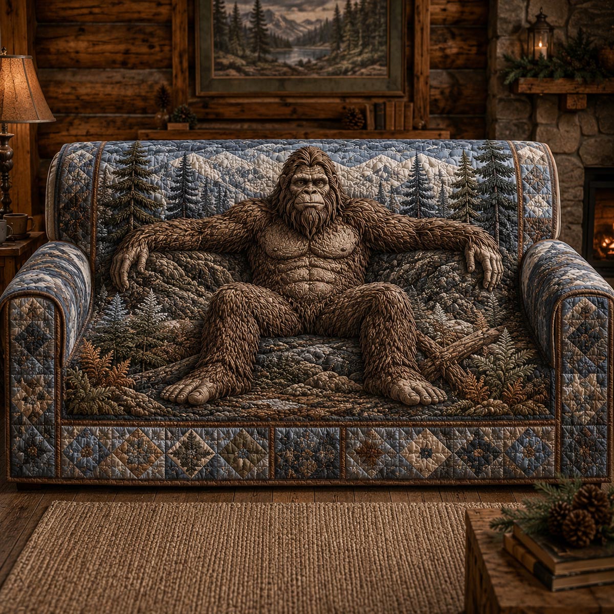 Sasquatch Siesta quilted sofa cover with a sasquatch sprawled across the seat against a blue-grey pine forest and mountains
