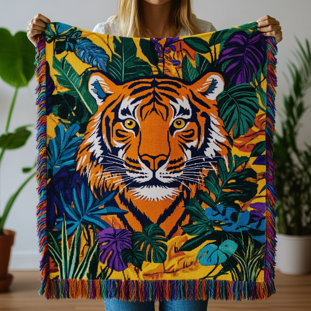 Tiger in the Jungle woven sofa throw – tiger among jungle leaves